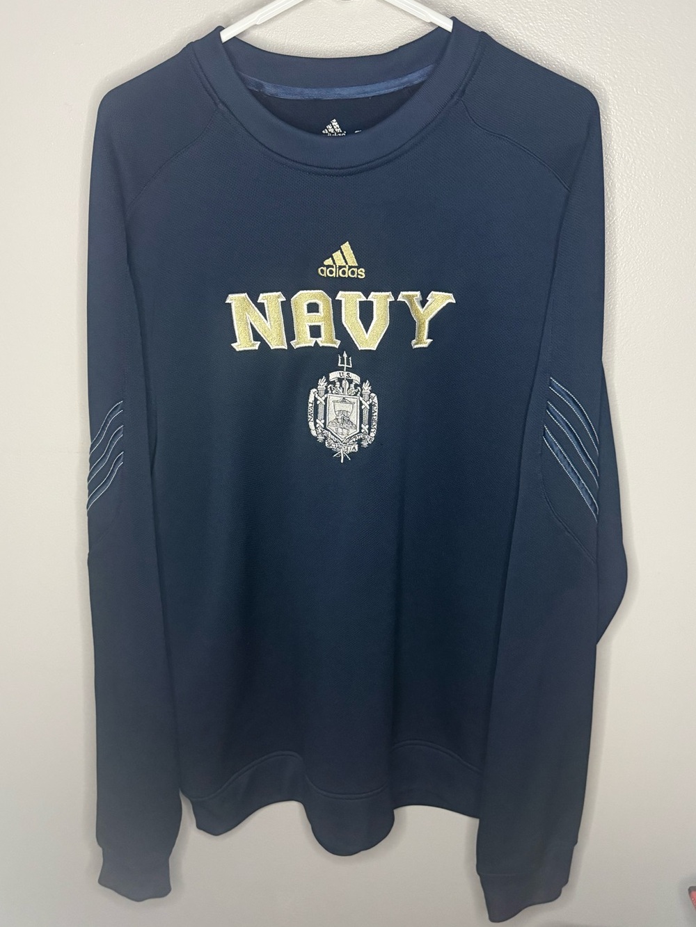 Adidas ClimaWarm Men's Blue Embroidered Navy 3 Stripe Crewneck Fleece Sweatshirt